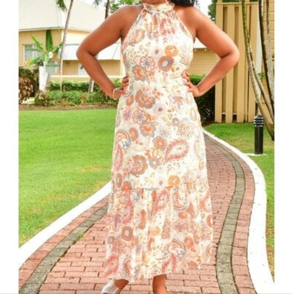 Cream and Orange Halter Neck Sleeveless Maxi Dress NWOT